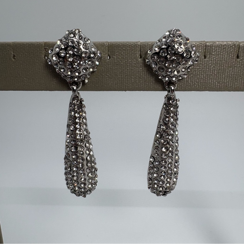 Long Clear Crystal Rhinestone Bat Geometric Dangle Silver Tone Earrings